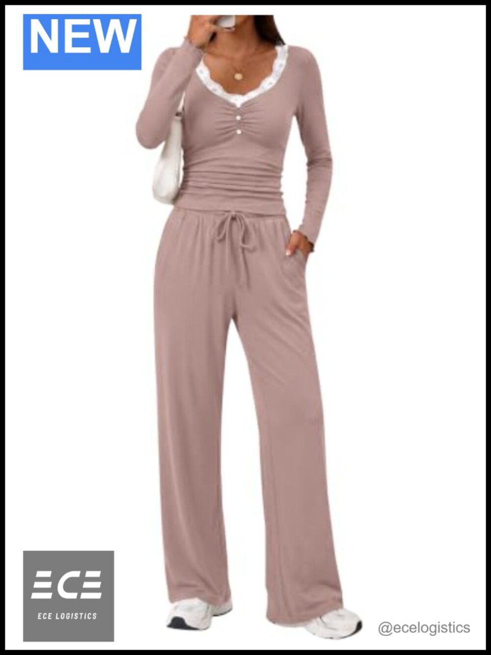 Women's 2 Piece Lounge Set Lace V-Neck Top Wide Leg Pants Outfit